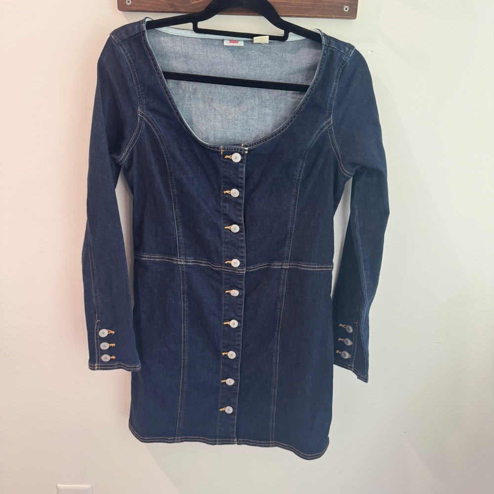 Levis Veda Denim Mini Dress Dark Wash Scoop‎ Neck Button Front Long Sleeve M